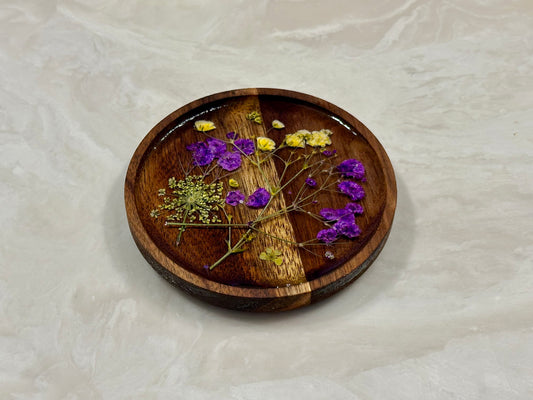 Wood Jewelry Tray with flowers- Small circle