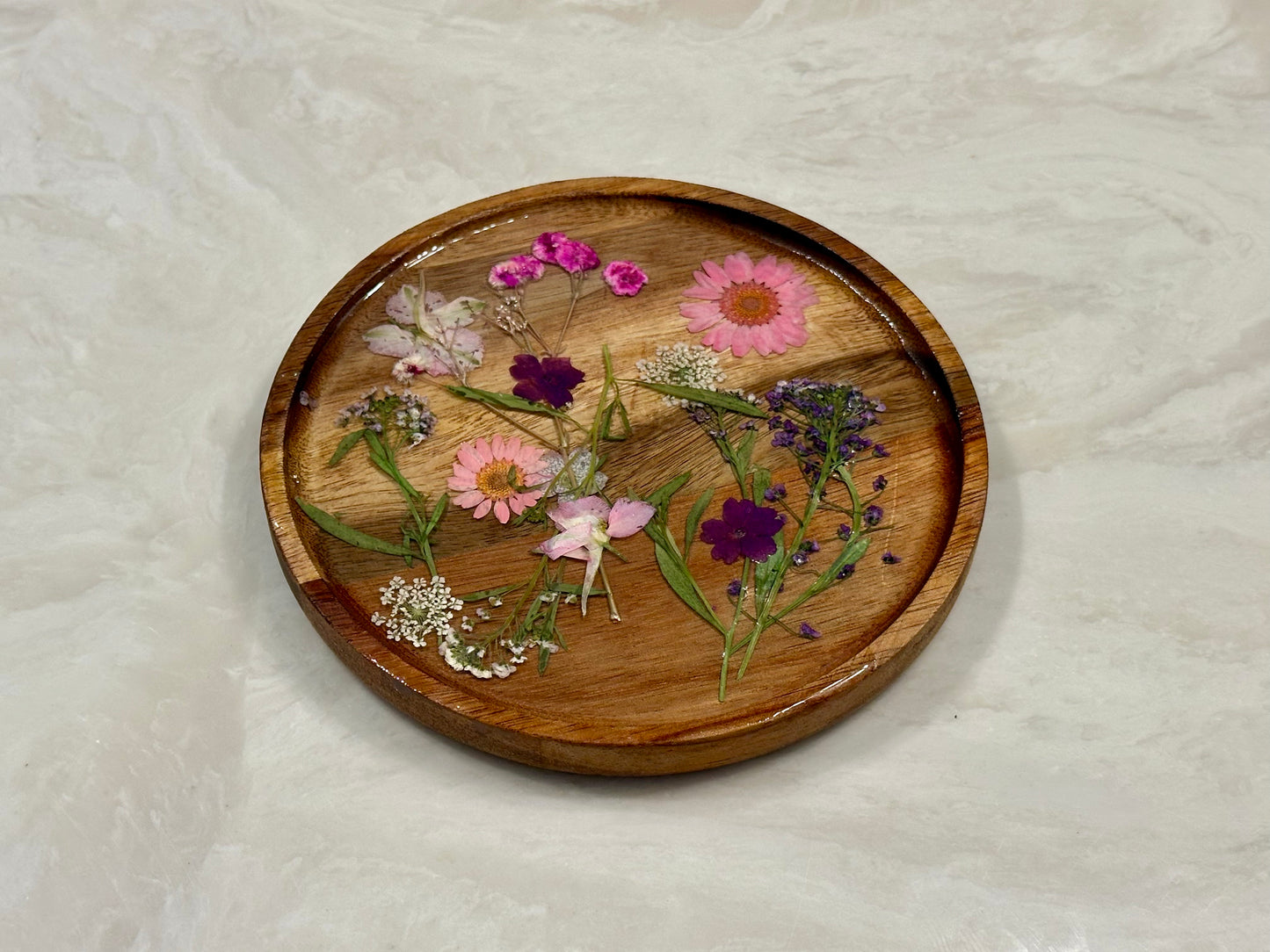 Wood Jewelry tray with flowers - Circle Medium size