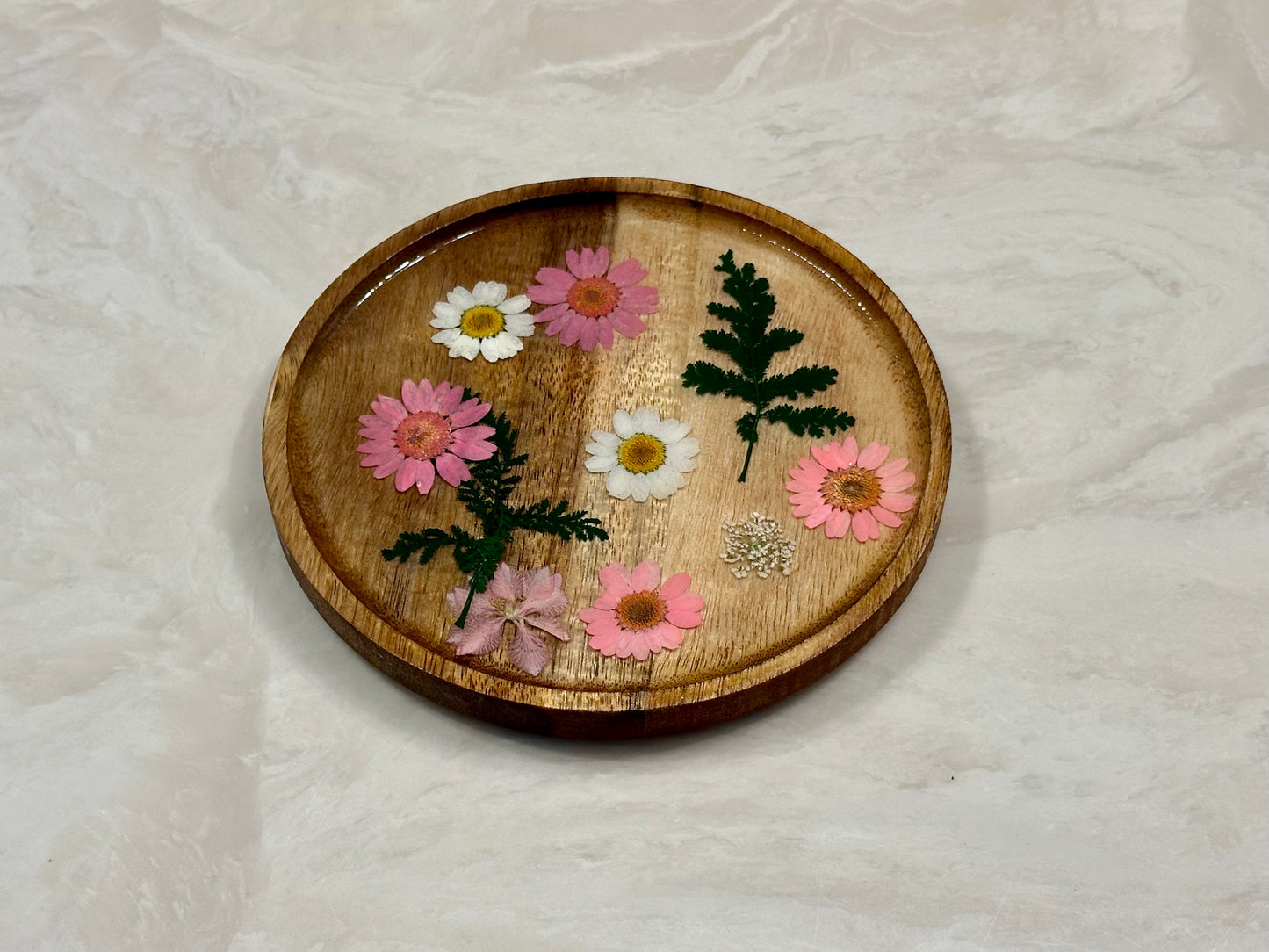 Wood Jewelry tray with flowers - Circle Medium size