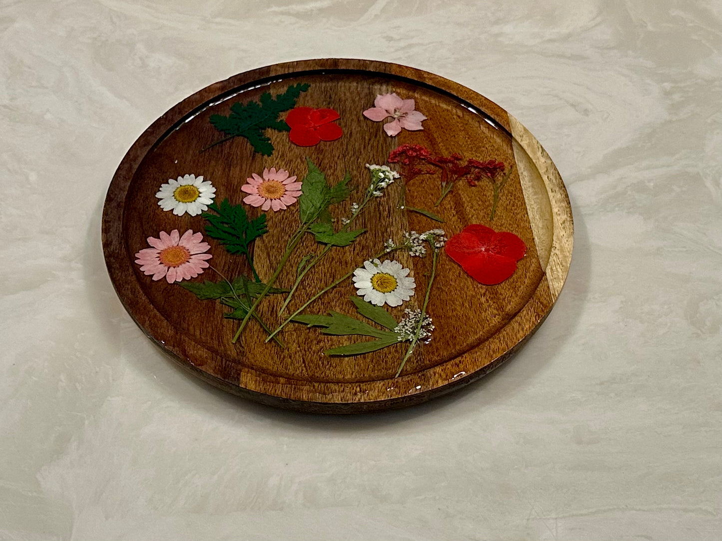 Wood Jewelry Tray with flowers- Large circle